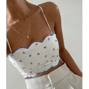 NWT HM Scalloped Linen Blend Floral Bando Crop Top White Blue Lace Up Sz M